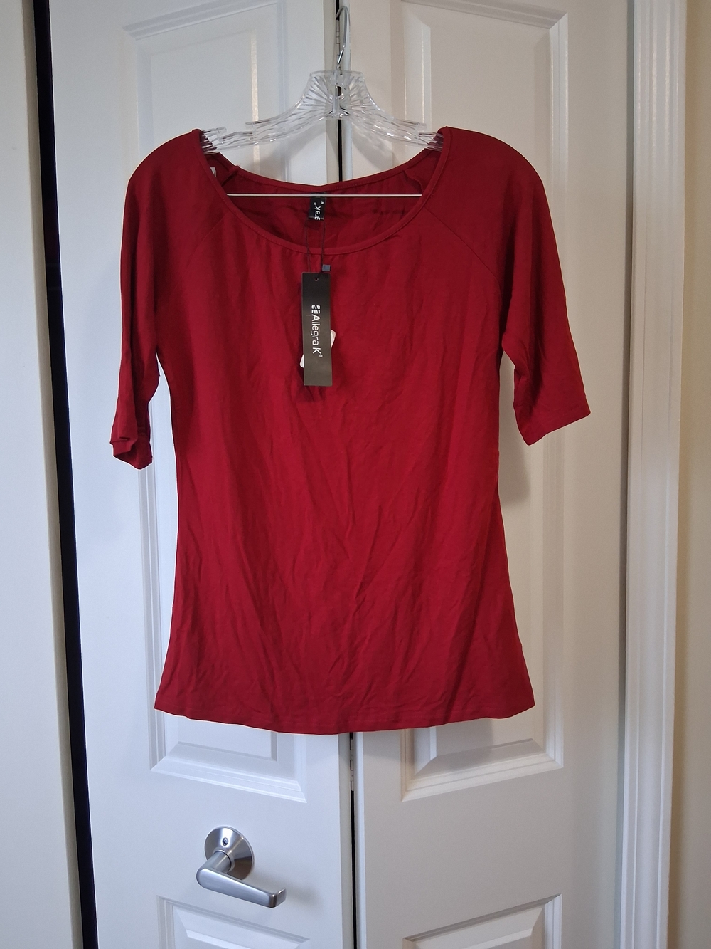 Allegra K Women's Red Scoop Neck 3/4 Sleeve Tee